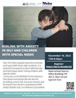 A workshop partnered with Nebo School District. Dealing with anxiety in self and children with special needs. November 10,2022 7:00-8:30pm. Register with link. 